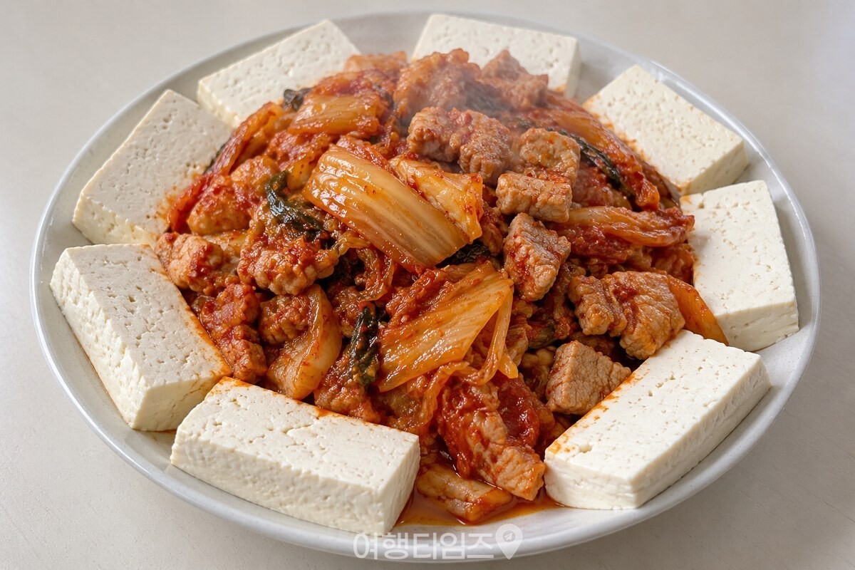 접시 가운데 볶은 김치와 돼지고기를 담고 가장자리에 데친 두부를 놓은 두부김치입니다. / 기사 이해를 돕기 위한 생성형 이미지