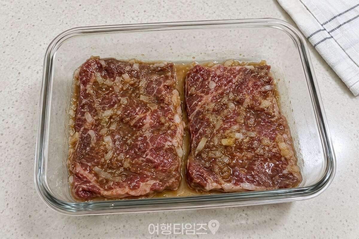 양념을 묻힌 소고기 두 장을 겹치지 않게 넓게 펼쳐 둔 유리 용기. / 기사 이해를 돕기 위한 생성형 이미지