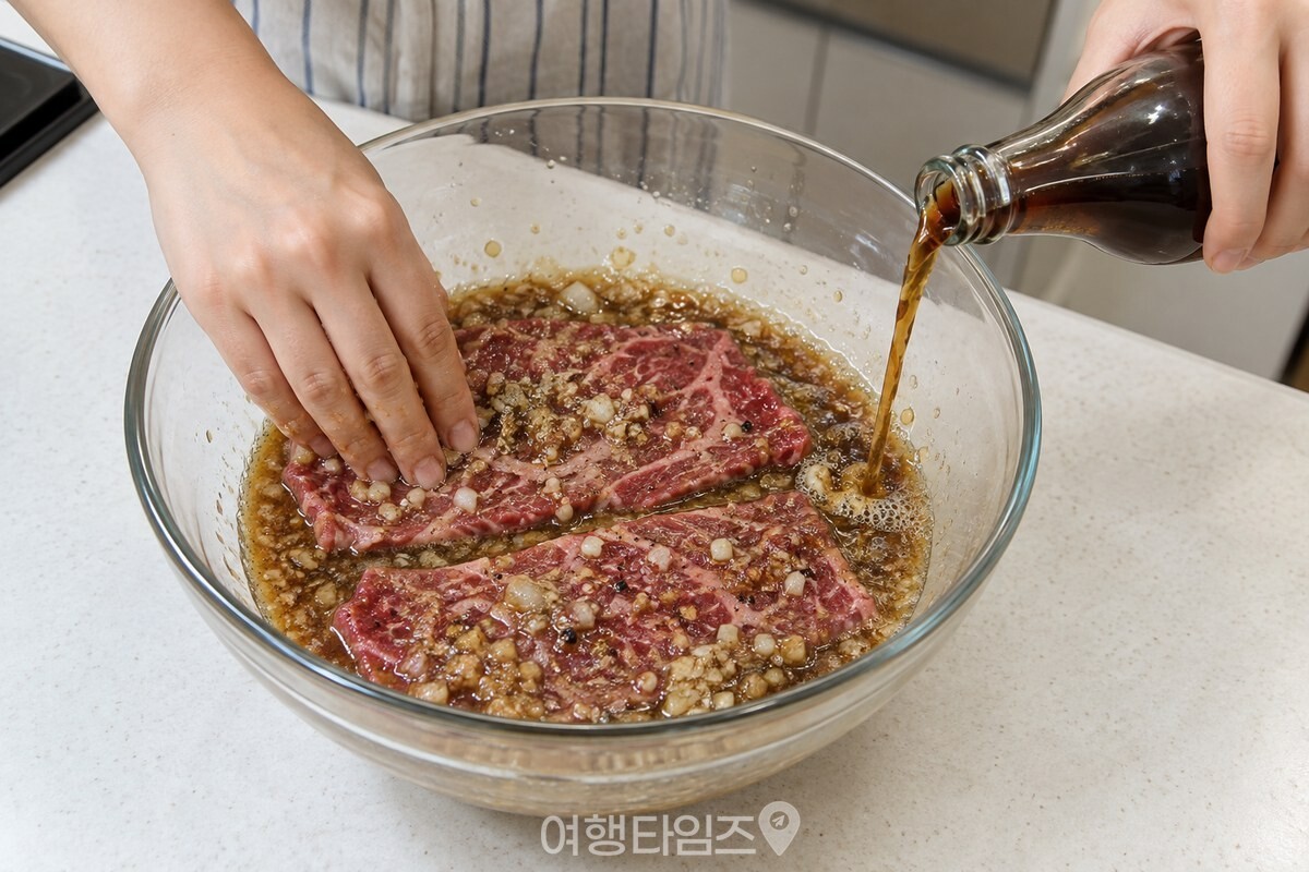유리 볼에서 콜라를 더한 양념을 고기 앞뒤에 고르게 묻히는 모습. / 기사 이해를 돕기 위한 생성형 이미지