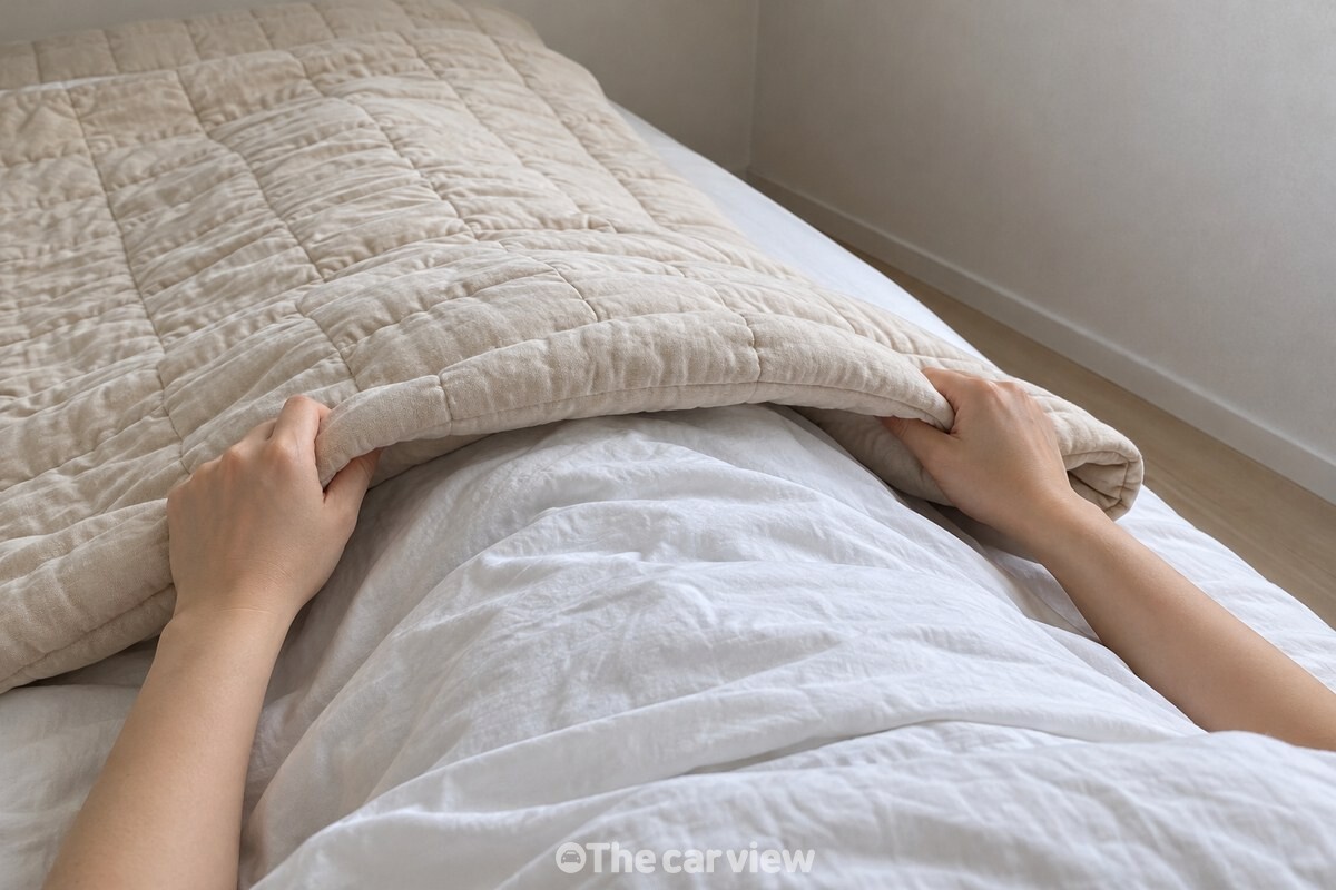 누운 사람이 발치에 접어 둔 위 이불을 두 손으로 다시 끌어올리는 모습. / 기사 이해를 돕기 위한 생성형 이미지