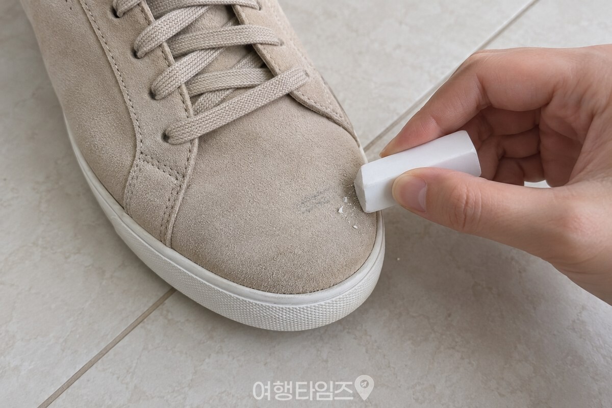깨끗한 손이 흰색 지우개로 스웨이드 운동화 앞코의 작은 자국을 가볍게 문지르는 모습. / 기사 이해를 돕기 위한 생성형 이미지