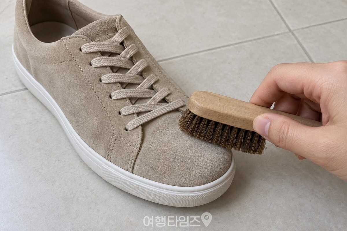 부드러운 구두솔을 한 방향으로 움직여 스웨이드 운동화 앞코의 털 결을 정리하는 모습. / 기사 이해를 돕기 위한 생성형 이미지