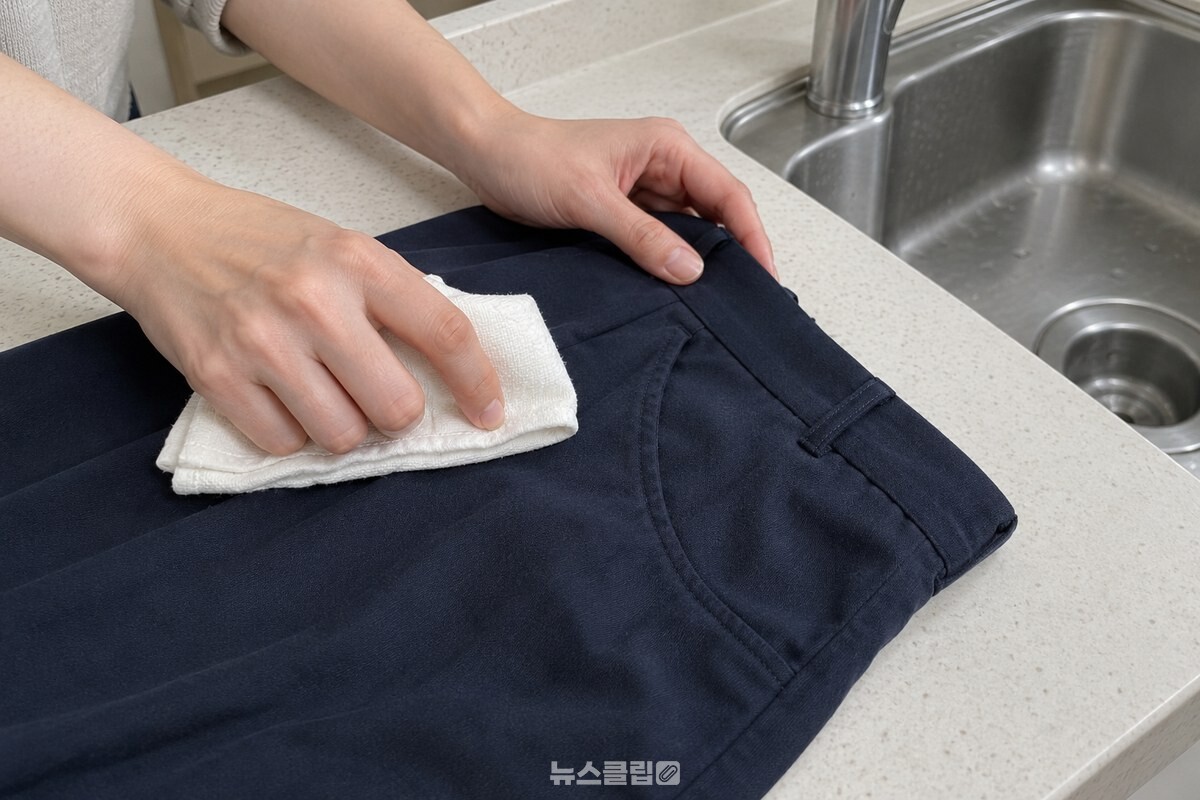 마른 면 헝겊으로 바지 주머니 가장자리를 한 방향으로 부드럽게 미는 손. / 기사 이해를 돕기 위한 생성형 이미지