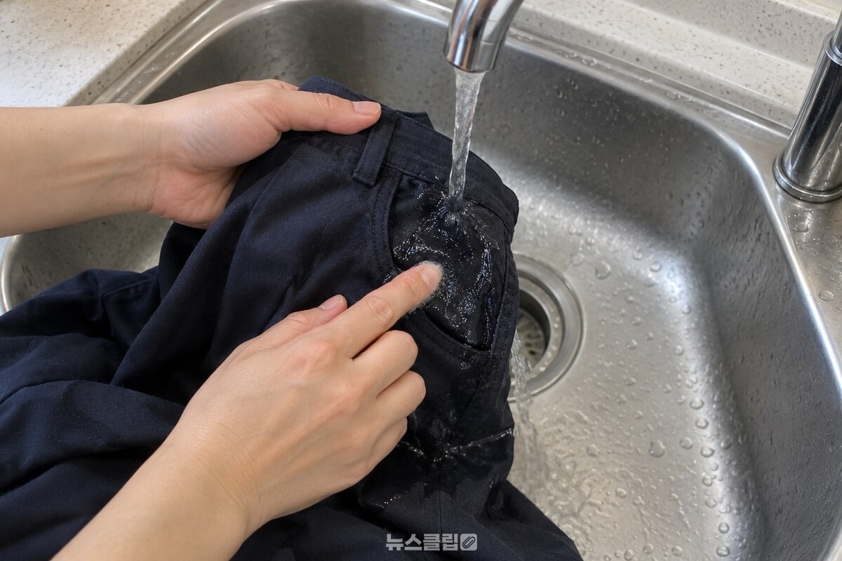 미지근한 물에 적신 바지 주머니 부근에 주방세제를 소량 묻혀 헹구는 모습. / 기사 이해를 돕기 위한 생성형 이미지