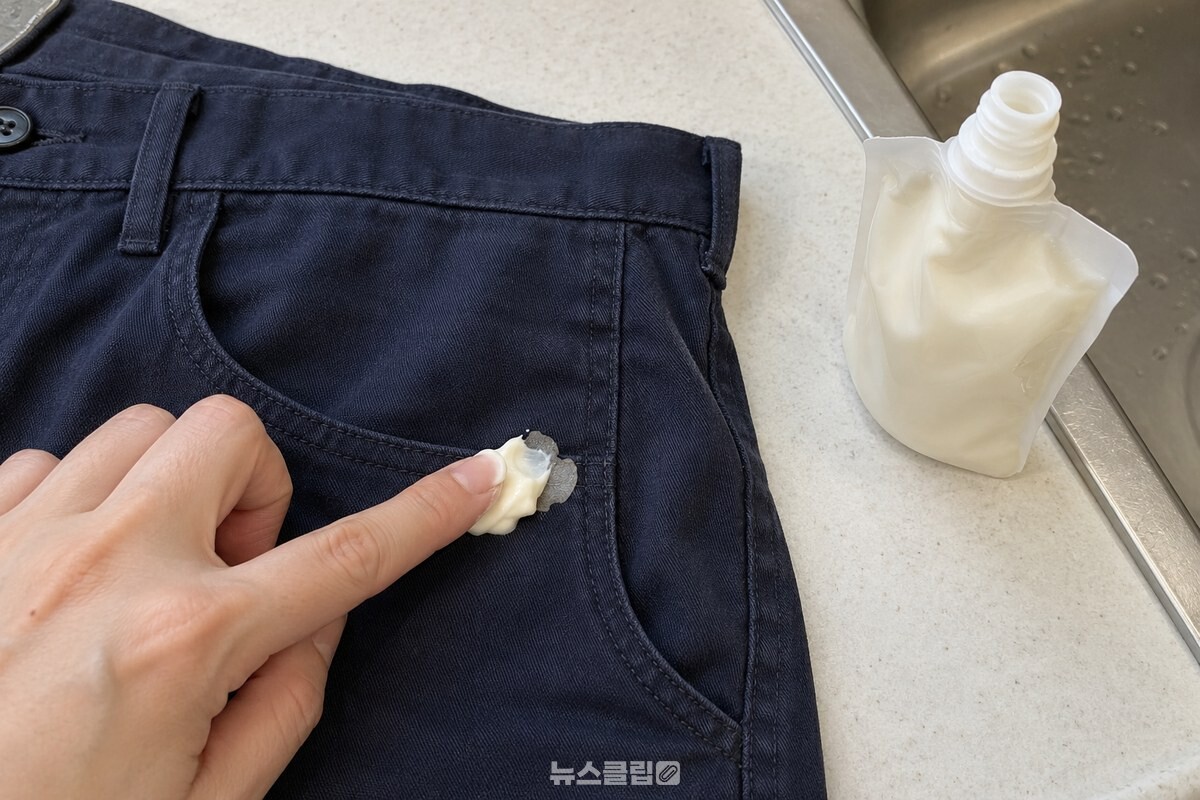 바지 주머니 가장자리에 붙은 껌 위로 마요네즈를 얇게 펴 바르는 모습. / 기사 이해를 돕기 위한 생성형 이미지