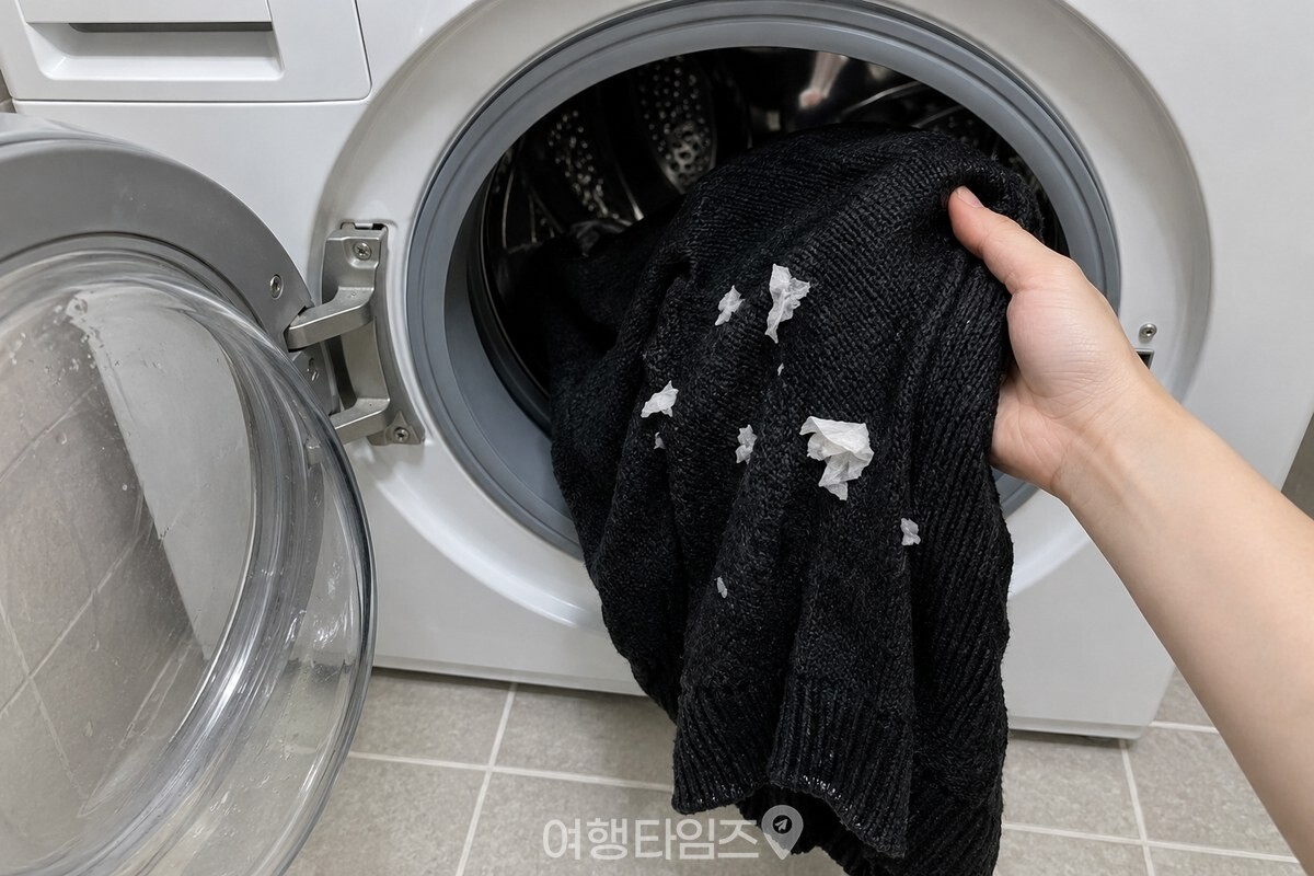 세탁기에서 막 꺼낸 검은 옷감 위에 작은 휴지 조각이 붙어 있는 상태. / 기사 이해를 돕기 위한 생성형 이미지