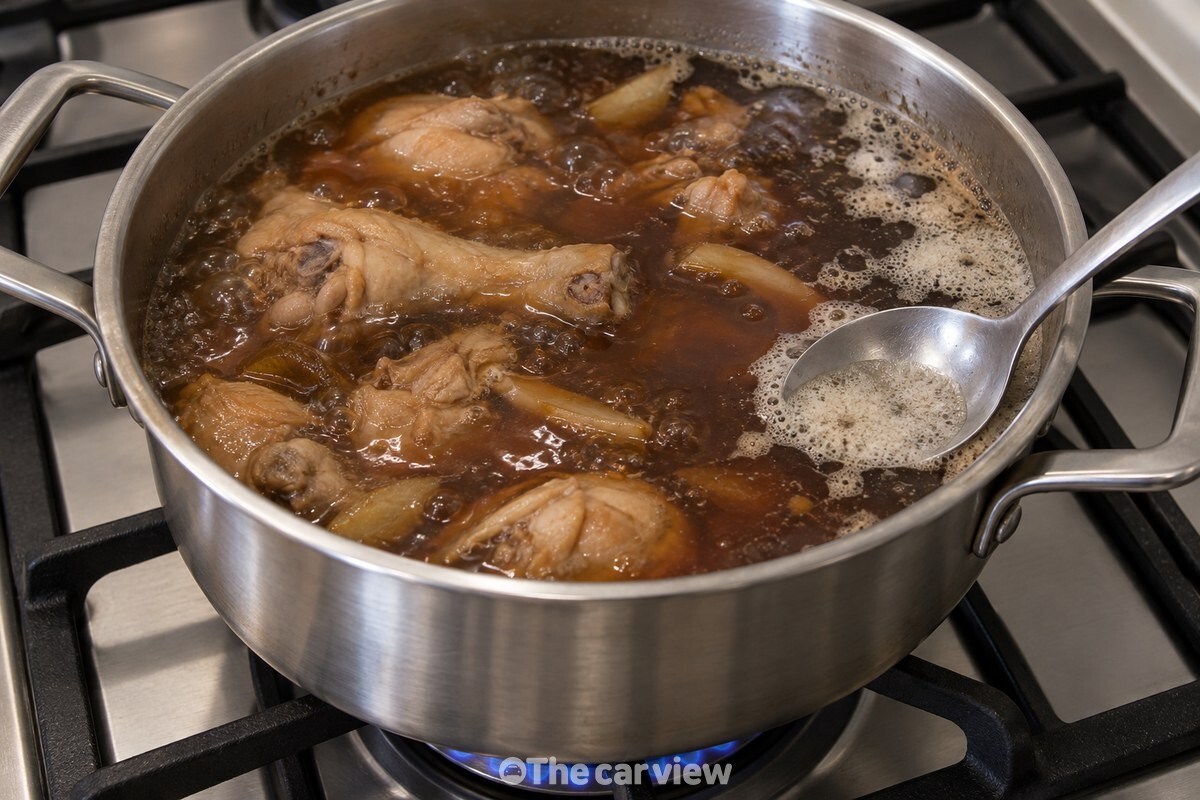 뚜껑을 연 냄비의 찜닭 국물 위로 끓는 거품이 작게 올라와 있다. / 기사 이해를 돕기 위한 생성형 이미지