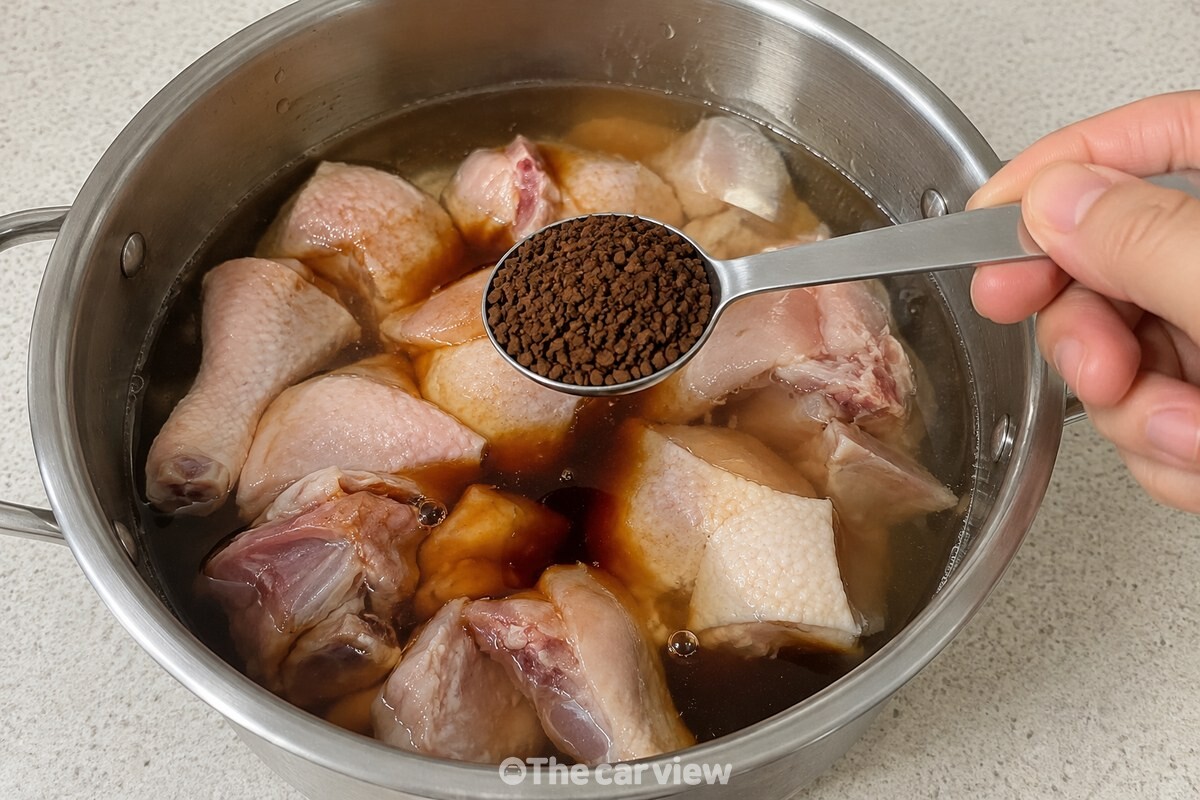 손질한 닭과 진간장 국물에 인스턴트 커피가루 한 큰술을 넣는 준비 단계다. / 기사 이해를 돕기 위한 생성형 이미지