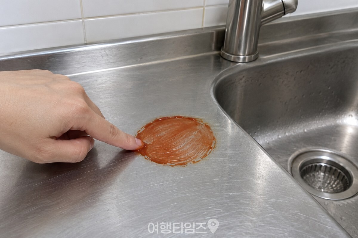 작은 원형 자국 위에 케첩을 얇고 고르게 펴 바른 싱크대 상판. / 기사 이해를 돕기 위한 생성형 이미지