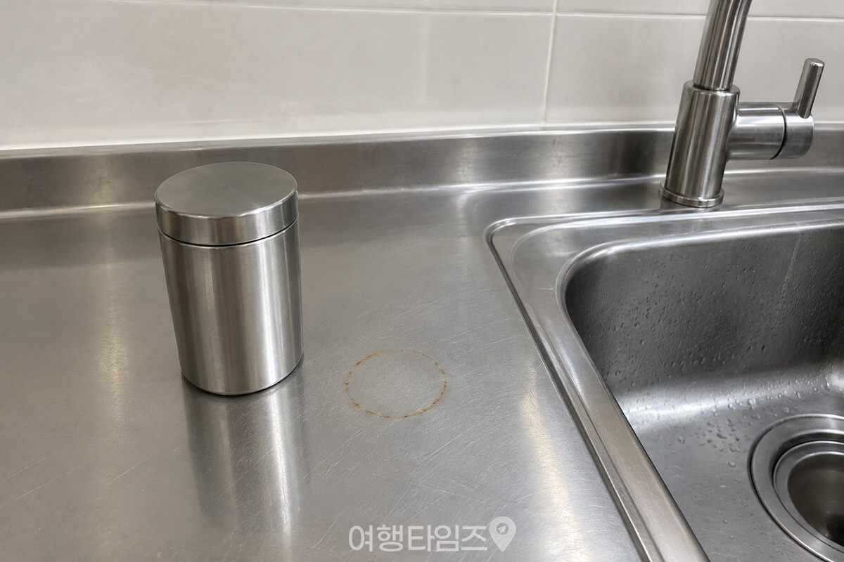 스테인리스 싱크대 상판의 작은 원형 녹 자국 옆에 금속 바닥 양념 통을 치워 둔 모습. / 기사 이해를 돕기 위한 생성형 이미지