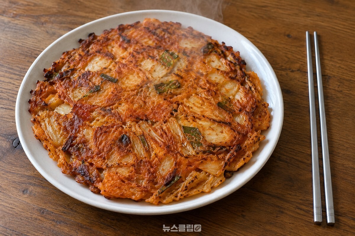 노릇하게 부친 김치전 한 장이 흰 접시에 담겨 김이 옅게 오른다. / 기사 이해를 돕기 위한 생성형 이미지