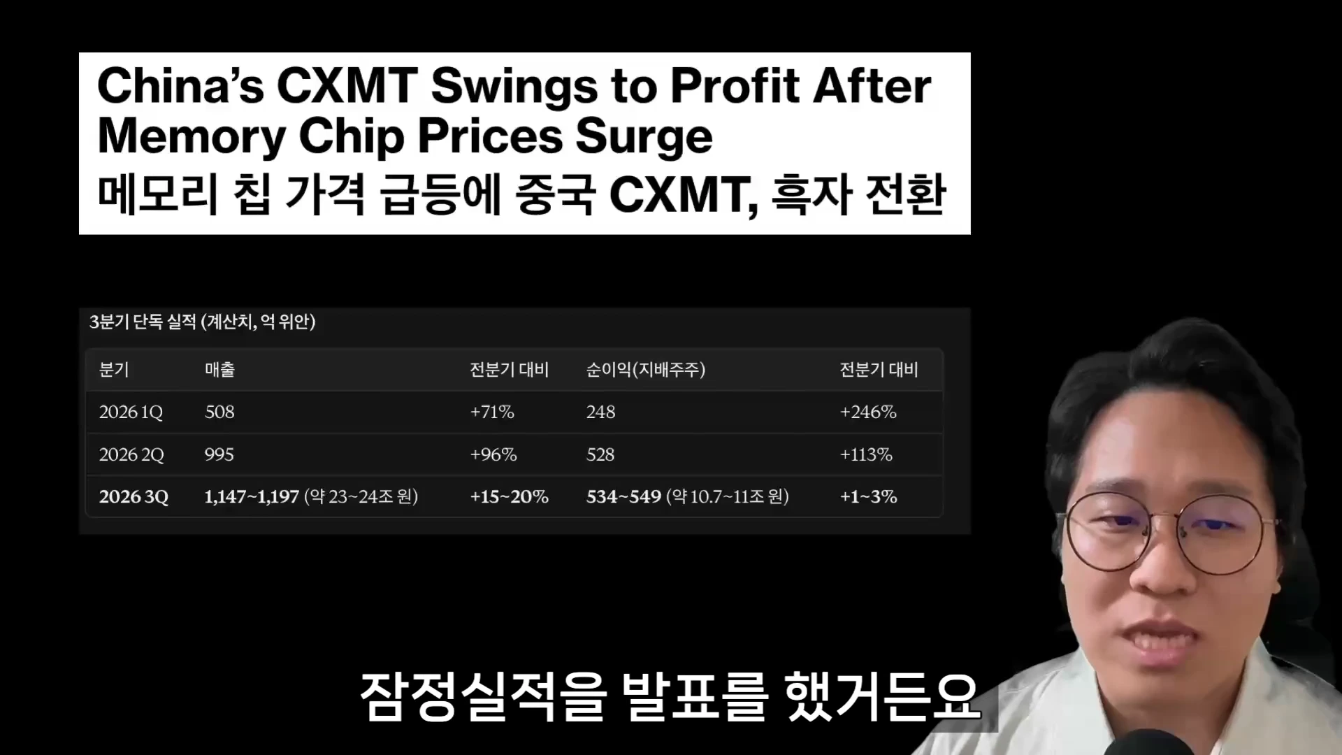 안경을 쓴 남성이 발표하는 모습과 함께 중국 반도체 기업 CXMT의 2026년 분기별 매출 및 순이익 실적을 정리한 표가 화면에 나타나 있습니다.