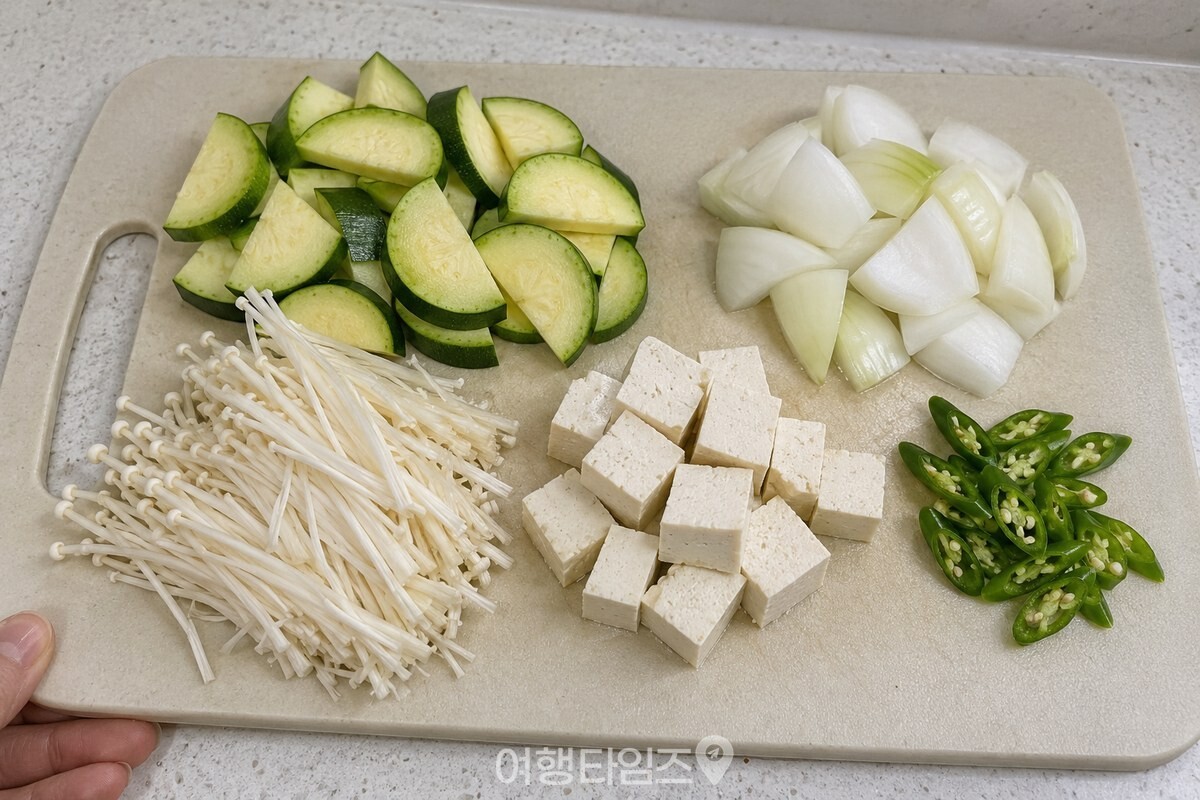 된장찌개에 넣을 애호박, 양파, 팽이버섯, 두부와 고추를 손질해 둔 모습. / 기사 이해를 돕기 위한 생성형 이미지