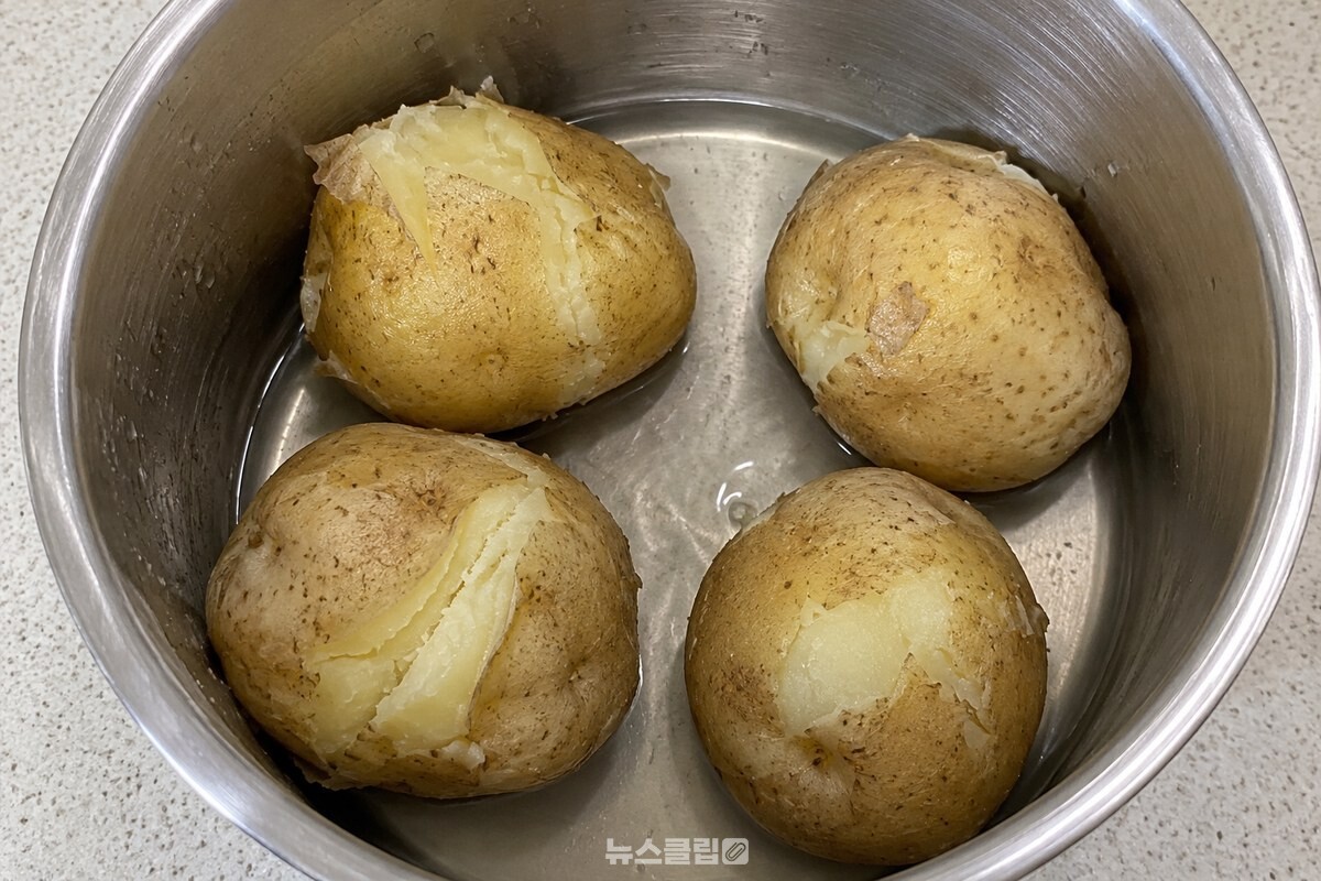 물기를 머금은 삶은 감자 표면과 냄비 바닥의 얇은 물기. / 기사 이해를 돕기 위한 생성형 이미지