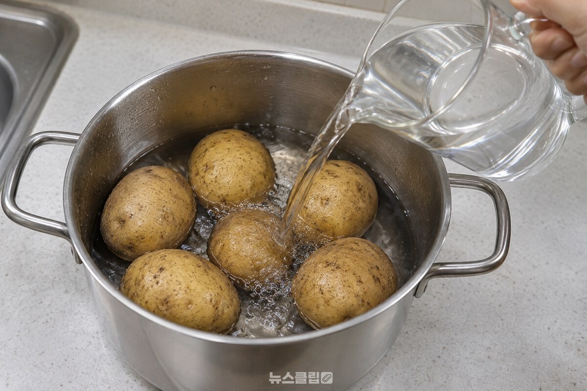 크기가 비슷한 감자를 냄비에 담고 물을 붓는 모습. / 기사 이해를 돕기 위한 생성형 이미지
