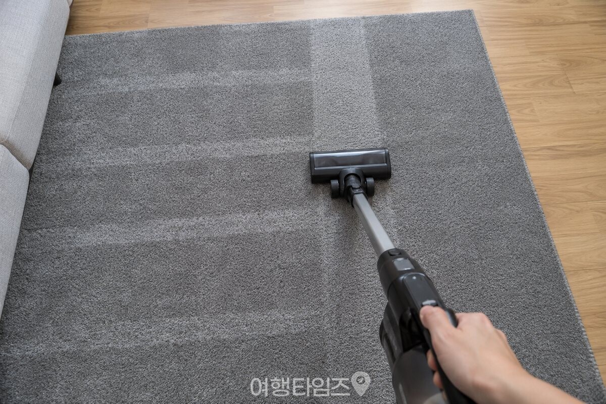 가로 청소 뒤 청소기 방향을 돌려 세로 줄을 따라 다시 미는 러그 표면. / 기사 이해를 돕기 위한 생성형 이미지