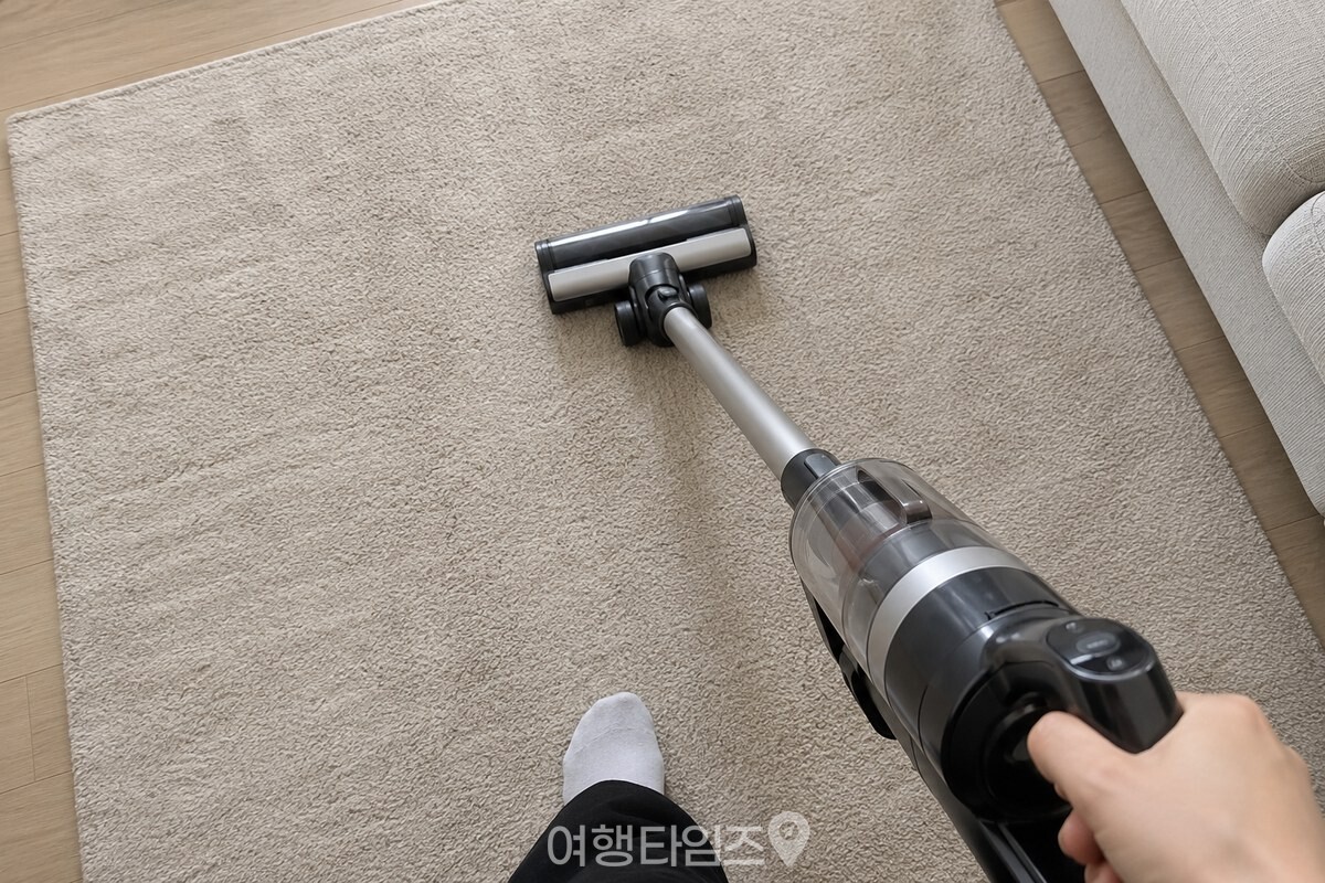 거실 러그 위에서 진공청소기 헤드를 천천히 움직이는 모습. / 기사 이해를 돕기 위한 생성형 이미지