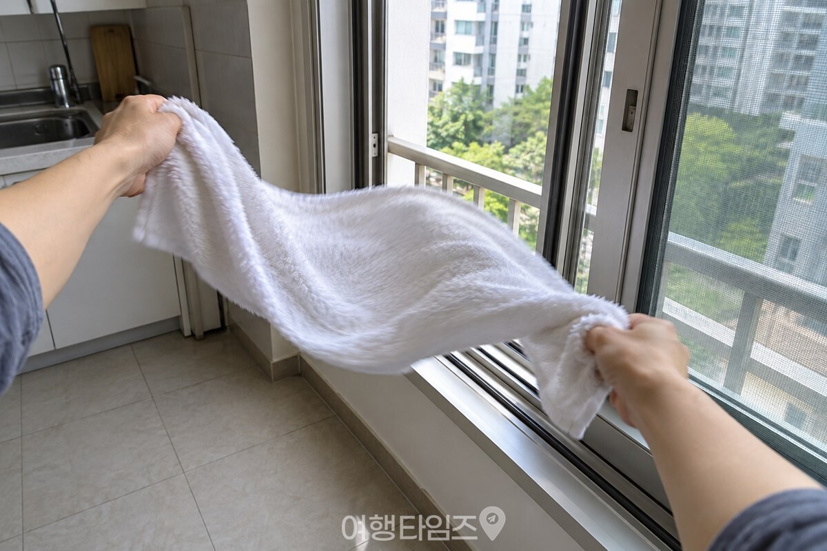 창문 쪽으로 걸어가며 물기를 꼭 짠 흰 수건을 휘두르는 손. / 기사 이해를 돕기 위한 생성형 이미지
