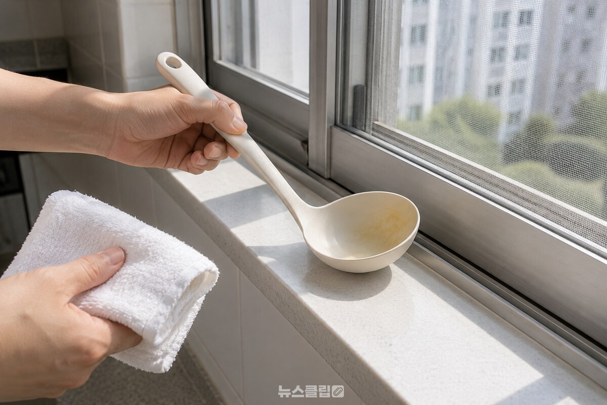 마른행주로 물기를 닦은 흰 실리콘 국자를 창가에 옮겨 놓는 모습. / 기사 이해를 돕기 위한 생성형 이미지