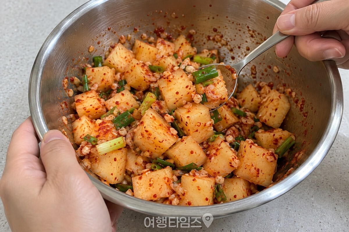 숟가락으로 배 조각과 쪽파를 아래에서 위로 가볍게 섞는 모습. / 기사 이해를 돕기 위한 생성형 이미지