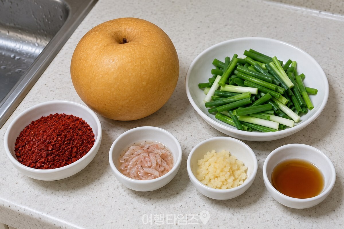 단단한 배와 손질해 둔 쪽파, 양념 재료를 깨끗한 조리대에 준비한 모습. / 기사 이해를 돕기 위한 생성형 이미지