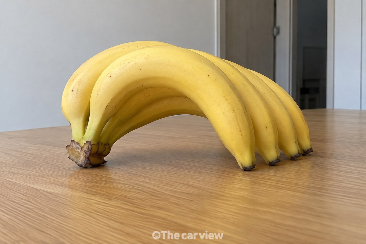 꼭지와 바나나 끝만 식탁에 닿고 가운데가 떠 있도록 뒤집어 놓은 바나나 송이. / 기사 이해를 돕기 위한 생성형 이미지