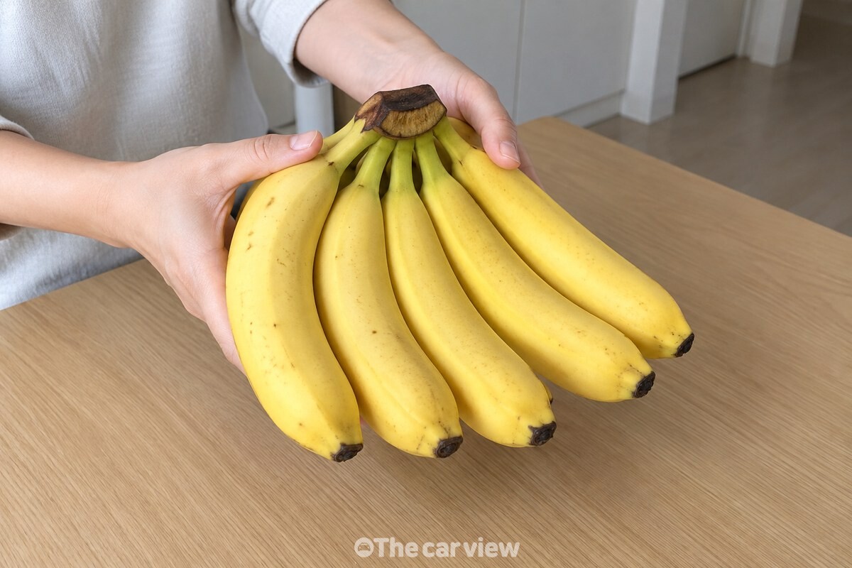 비닐봉지에서 꺼낸 바나나 송이를 두 손으로 한 덩어리 그대로 들고 있는 모습. / 기사 이해를 돕기 위한 생성형 이미지