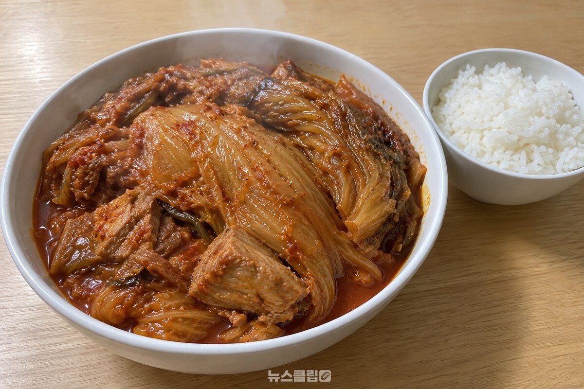 김이 오르는 묵은지찜이 한국 가정의 흰 밥그릇과 함께 담겨 있다. / 기사 이해를 돕기 위한 생성형 이미지