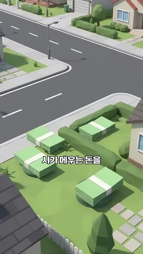 3D 그래픽으로 구현된 주택가 마당 곳곳에 초록색 지폐 다발이 놓여 있고 화면 중앙에 '시가 메우는 돈을'이라는 자막이 떠 있다.
