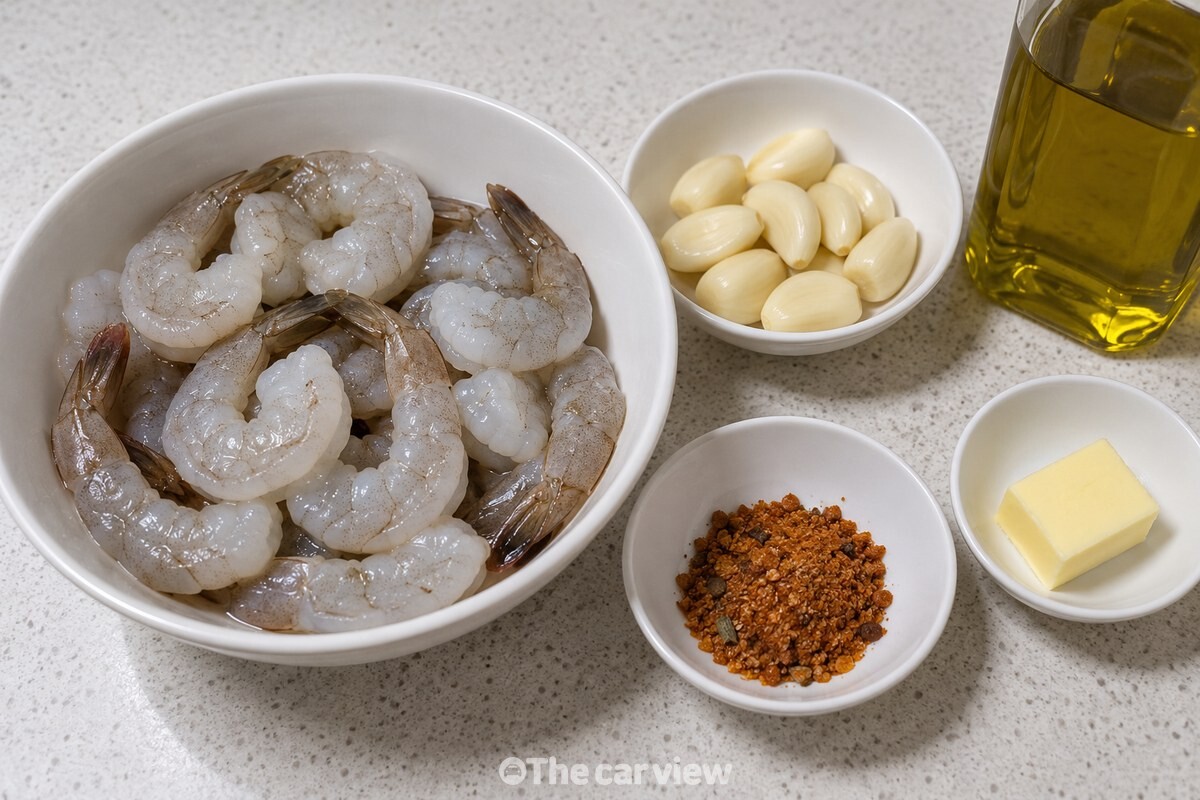 손질한 새우와 마늘, 버터, 올리브유, 라면 수프 반 개가 조리 전 깔끔하게 준비되어 있다. / 기사 이해를 돕기 위한 생성형 이미지