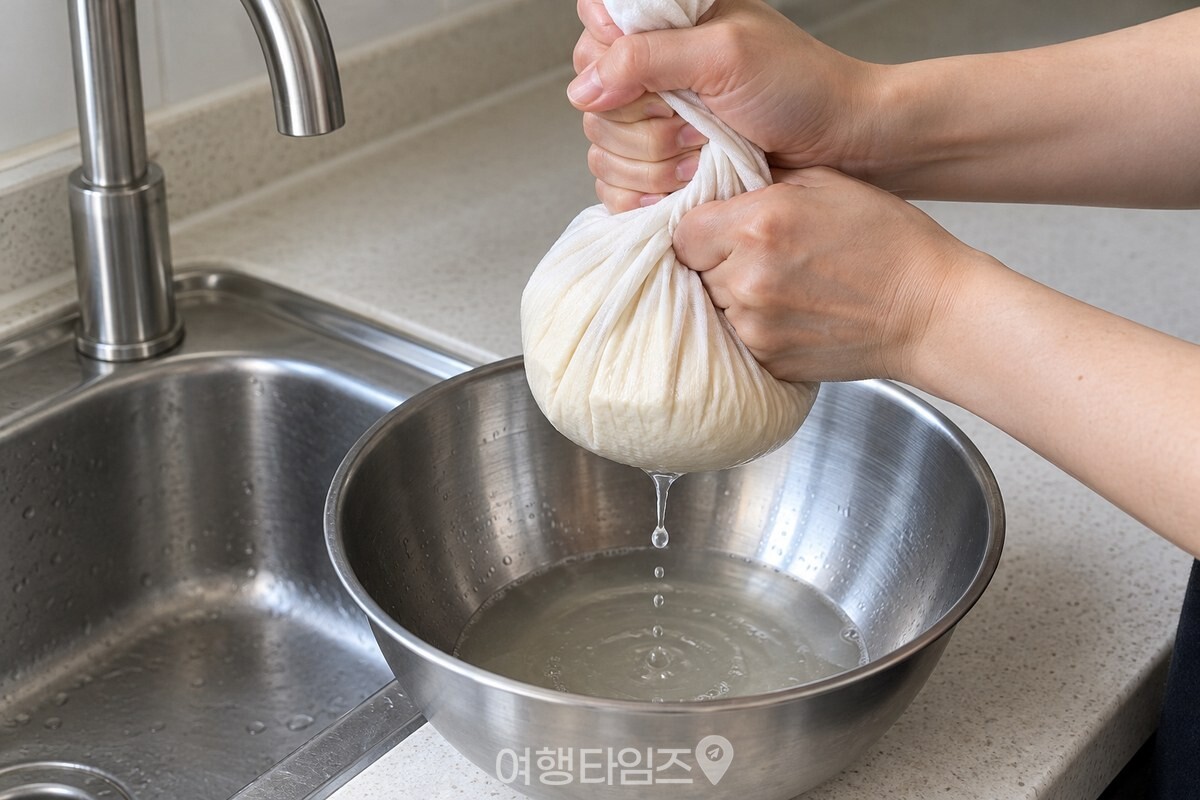 면보에 싼 두부를 두 손으로 비틀어 물기를 짜는 모습. / 기사 이해를 돕기 위한 생성형 이미지