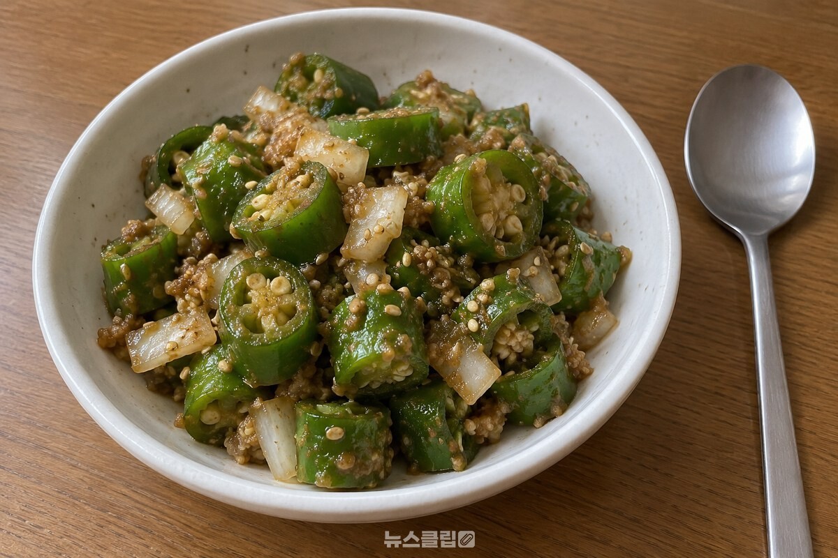 완성된 오이고추 된장무침이 흰 반찬 그릇에 담겨 있다. / 기사 이해를 돕기 위한 생성형 이미지