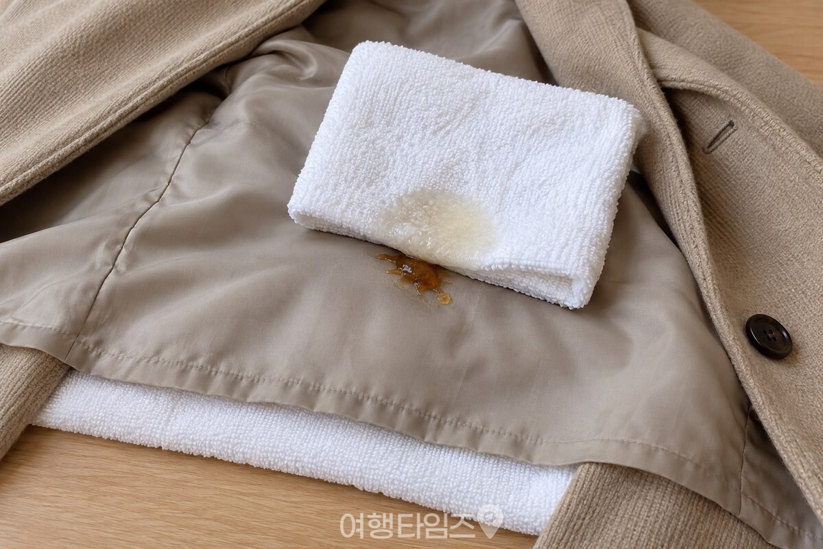 외투 안쪽에 흰 수건을 받치고 식용유 묻힌 수건을 송진 자리에 올려 둔 모습. / 기사 이해를 돕기 위한 생성형 이미지