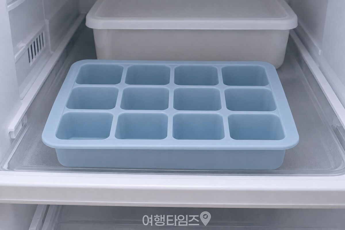 냉동실 선반 앞쪽에 칸이 보이게 놓인 빈 실리콘 얼음틀입니다. / 기사 이해를 돕기 위한 생성형 이미지