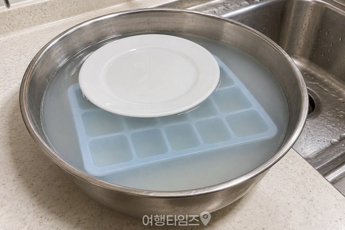 뽀얀 쌀뜨물에 칸이 위로 향하게 완전히 잠긴 실리콘 얼음틀입니다. / 기사 이해를 돕기 위한 생성형 이미지