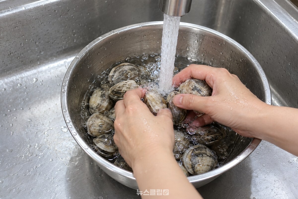 흐르는 물 아래에서 바지락 껍데기를 손으로 가볍게 헹구는 모습. / 기사 이해를 돕기 위한 생성형 이미지