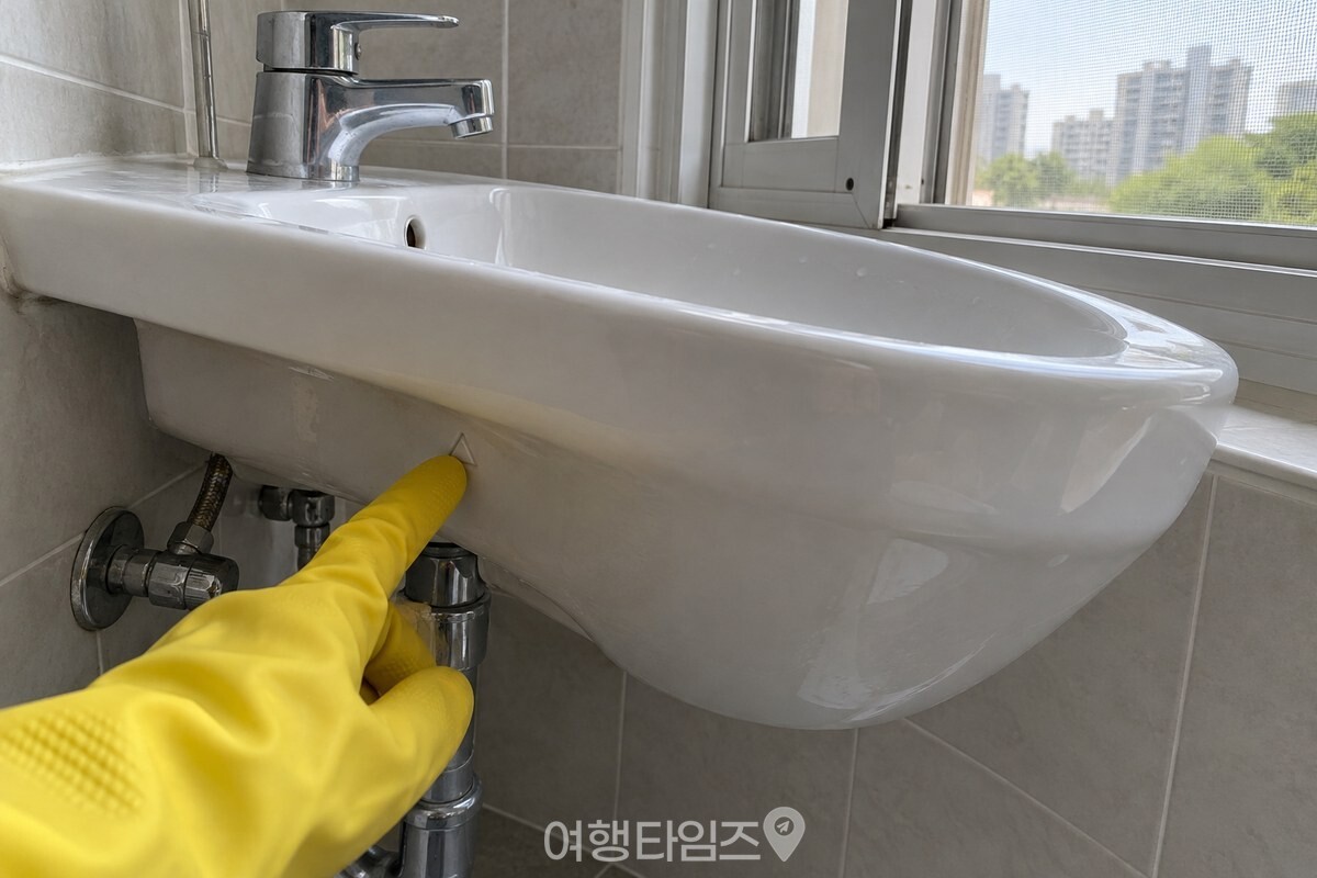 창문을 열고 고무장갑을 낀 손이 세면대 재질 표시를 확인하는 모습 / 기사 이해를 돕기 위한 생성형 이미지