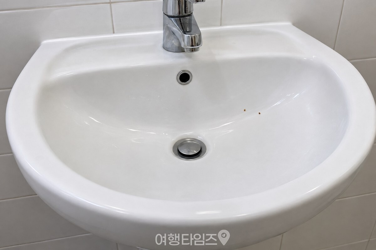흰 도기 세면대 안쪽 벽의 작은 갈색 염색약 점을 가까이서 보여 준 모습 / 기사 이해를 돕기 위한 생성형 이미지