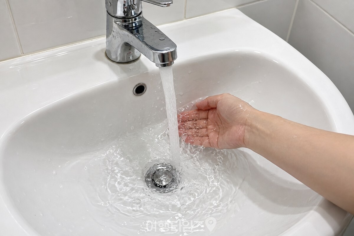수도물을 흘려 깨끗한 도기 세면대를 충분히 헹구는 모습 / 기사 이해를 돕기 위한 생성형 이미지
