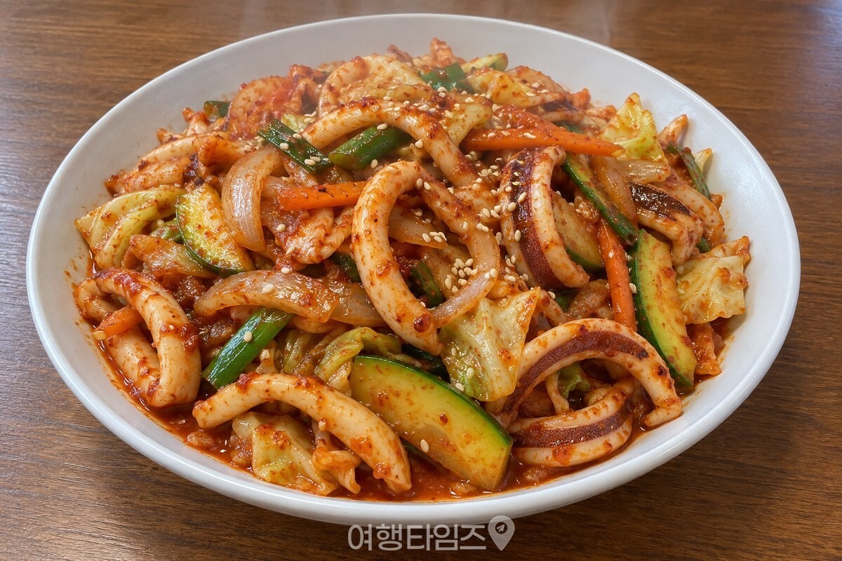 윤기 나는 오징어와 채소가 담긴 완성 오징어볶음 / 기사 이해를 돕기 위한 생성형 이미지