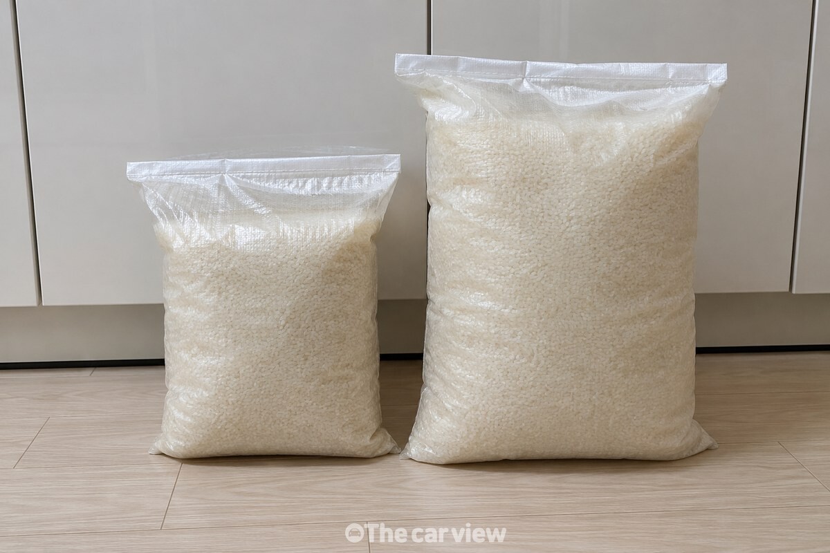 크기가 다른 밀봉 쌀포대 두 개를 나란히 놓고 비교하는 모습. / 기사 이해를 돕기 위한 생성형 이미지