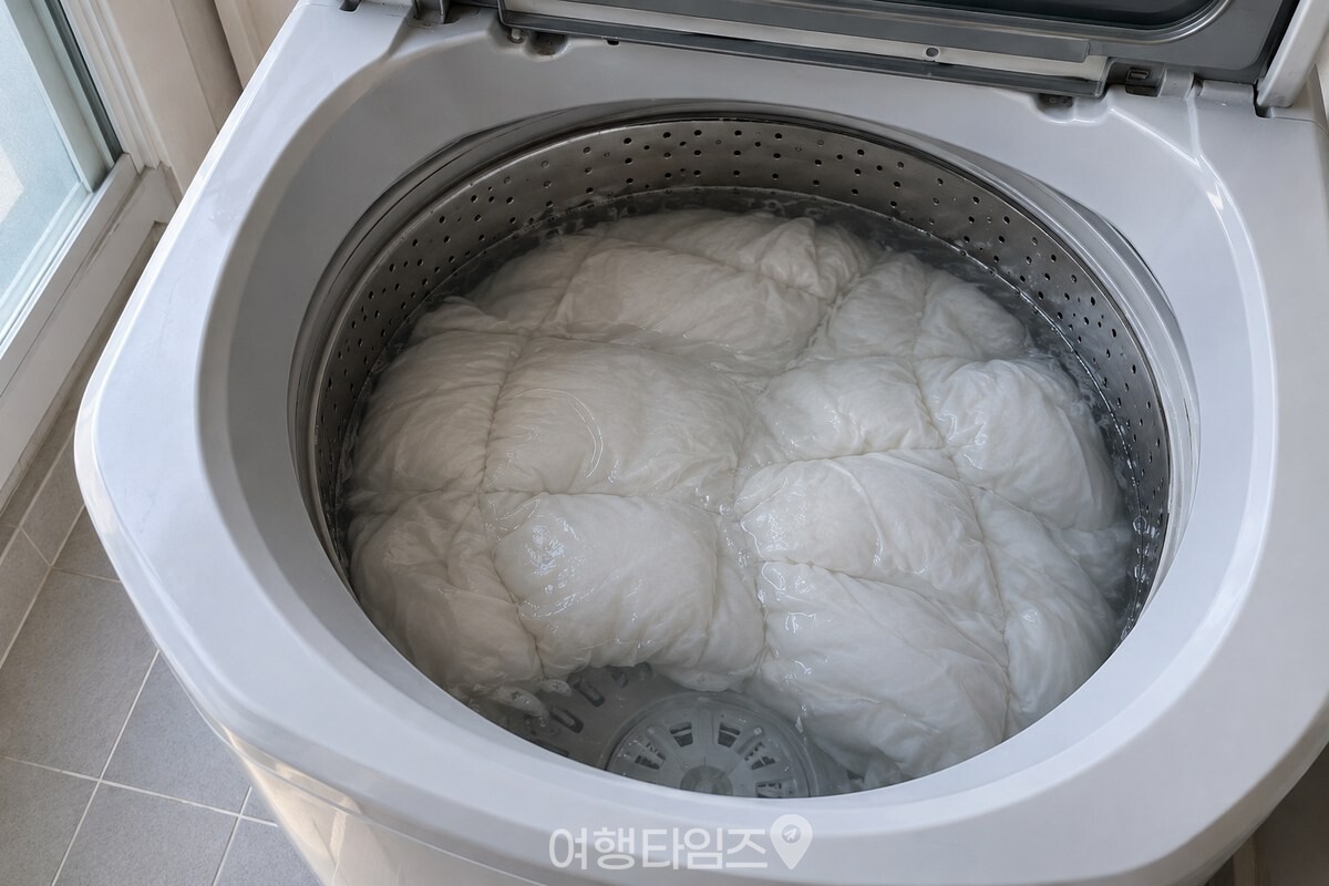헹굼을 거친 오리털 이불이 물속에 낮게 가라앉아 있는 모습. / 기사 이해를 돕기 위한 생성형 이미지