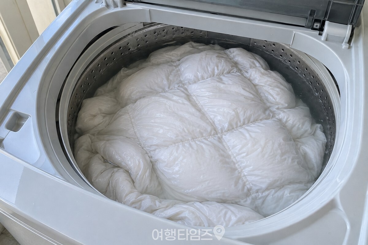 통돌이 세탁기 안에서 물을 머금고 가라앉은 흰 오리털 이불. / 기사 이해를 돕기 위한 생성형 이미지