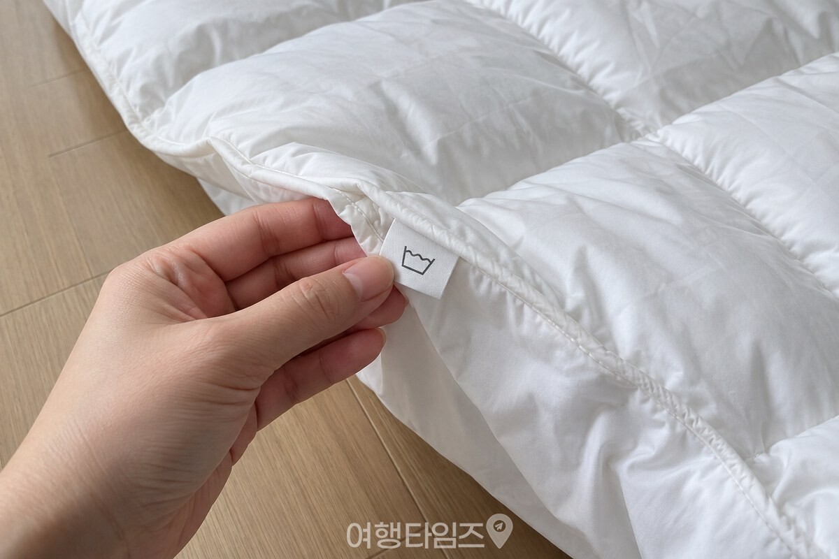 물세탁 표시가 보이는 오리털 이불의 안쪽 취급표시. / 기사 이해를 돕기 위한 생성형 이미지