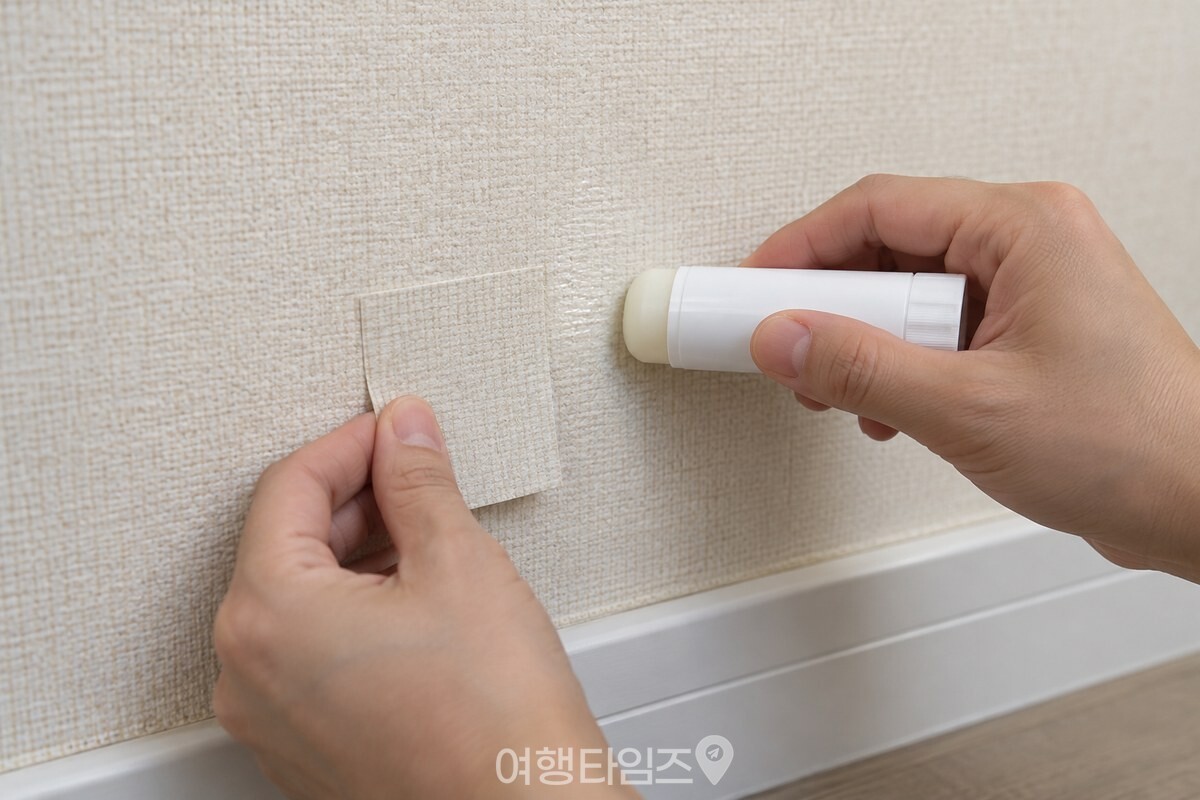 흰색 딱풀을 벽지의 작은 빈 면에 얇게 바르는 손. / 기사 이해를 돕기 위한 생성형 이미지