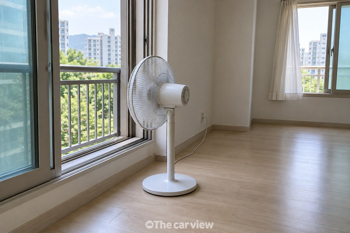 맞은편 창을 연 거실에서 선풍기가 열린 창밖을 향해 바람을 내보내는 모습 / 기사 이해를 돕기 위한 생성형 이미지
