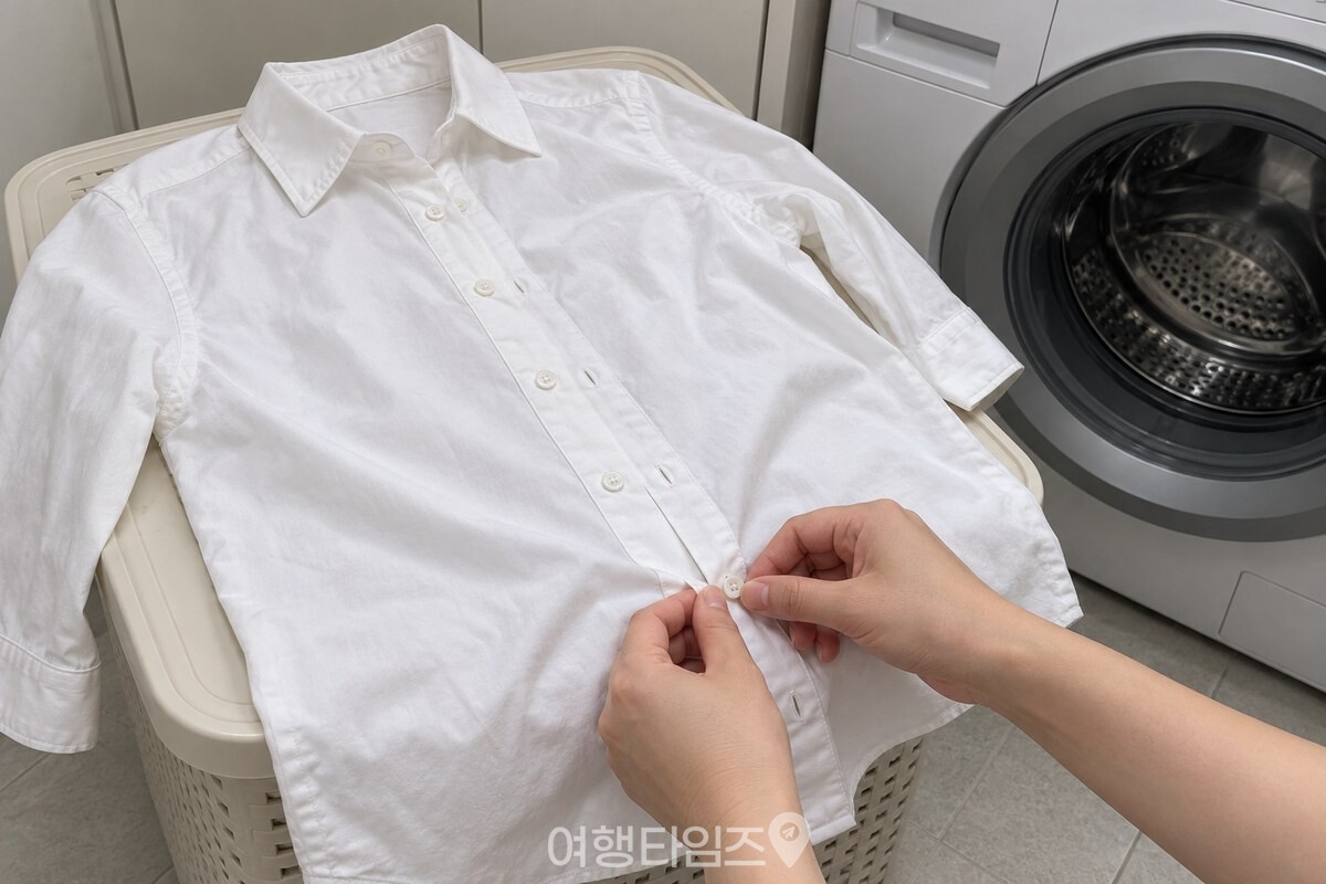 세탁 전 흰 셔츠의 앞단추를 아래쪽부터 풀고 있는 손. / 기사 이해를 돕기 위한 생성형 이미지