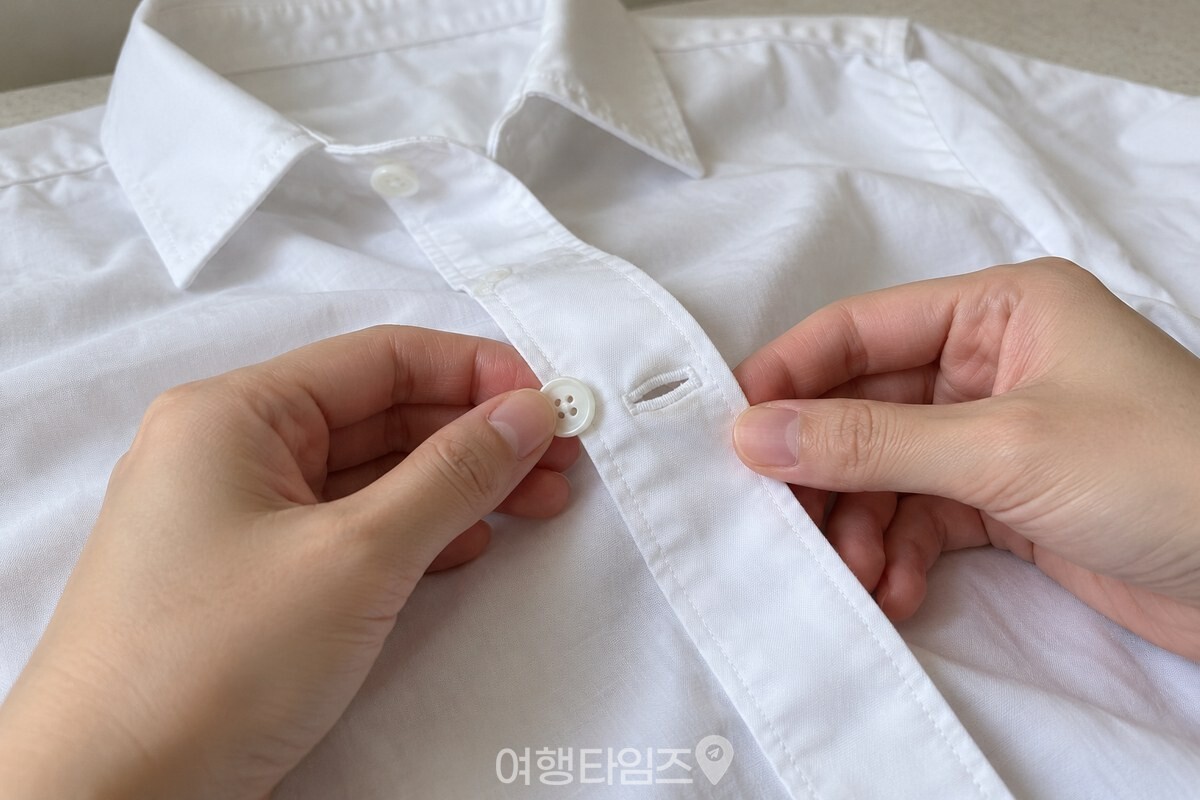 세탁 뒤 셔츠 단춧구멍의 감친 실과 단추를 살펴보는 손. / 기사 이해를 돕기 위한 생성형 이미지