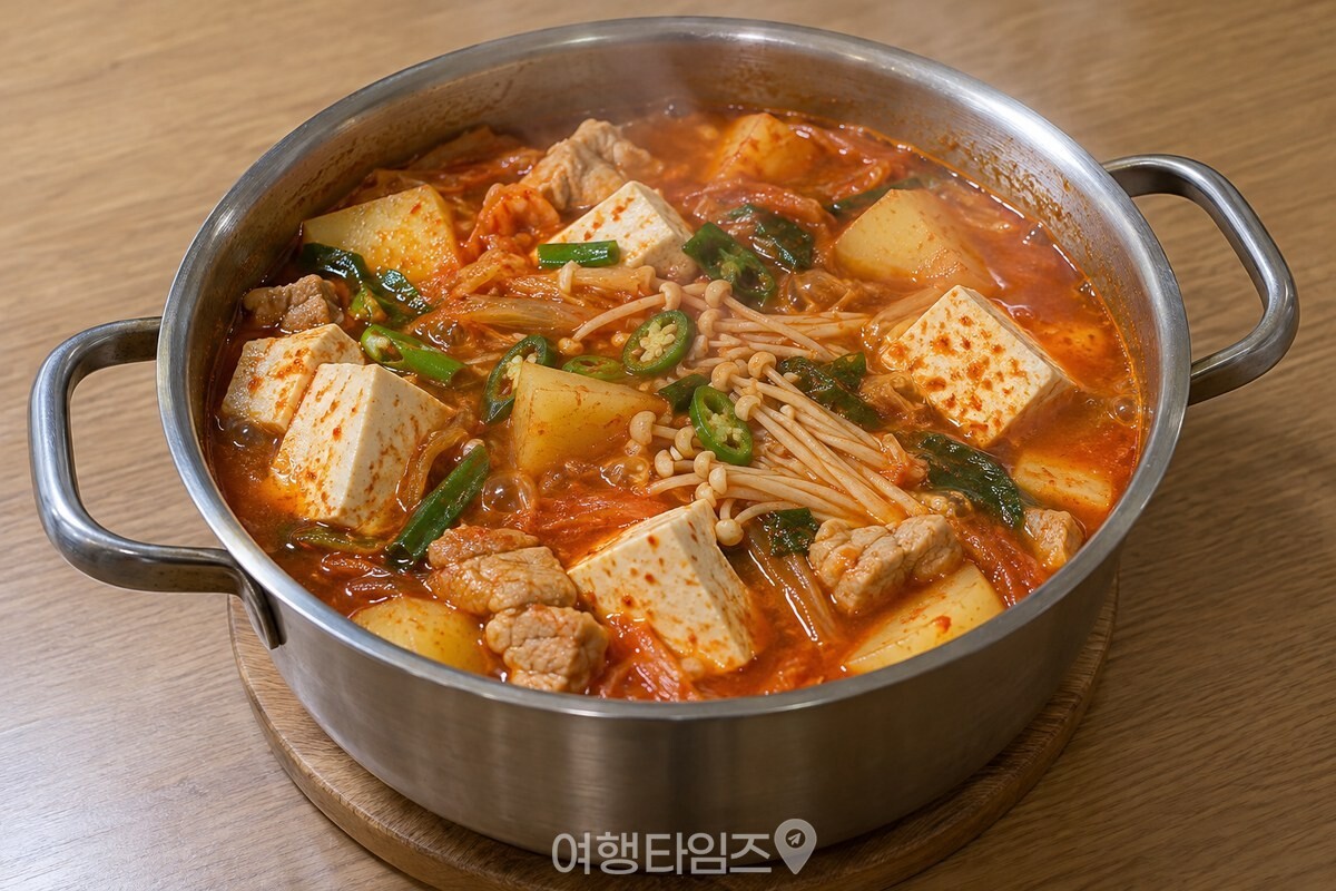붉은 국물에 두부와 감자, 파김치가 어우러진 완성 두부찌개가 식탁 위 냄비에 담겨 있는 모습 / 기사 이해를 돕기 위한 생성형 이미지