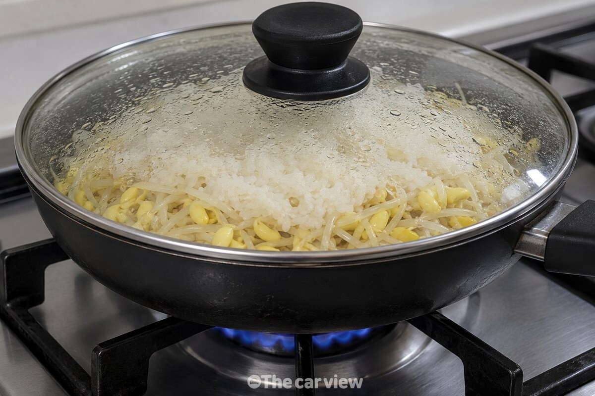 뚜껑 안쪽에 맺힌 김과 밥 사이로 익는 콩나물 / 기사 이해를 돕기 위한 생성형 이미지
